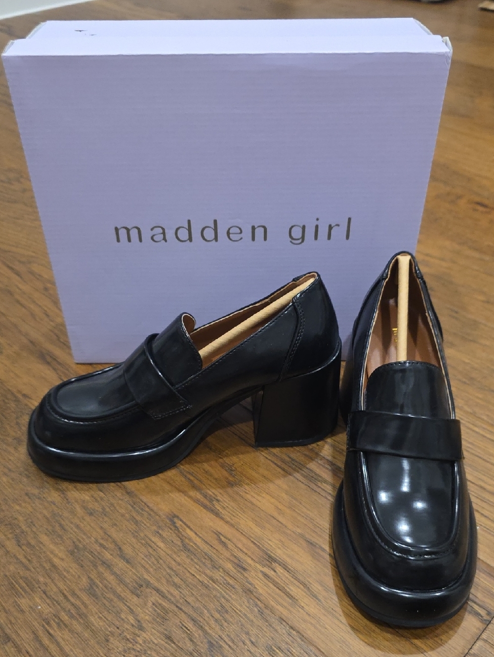 Madden Girl Black Patent Chunky Heel Loafers